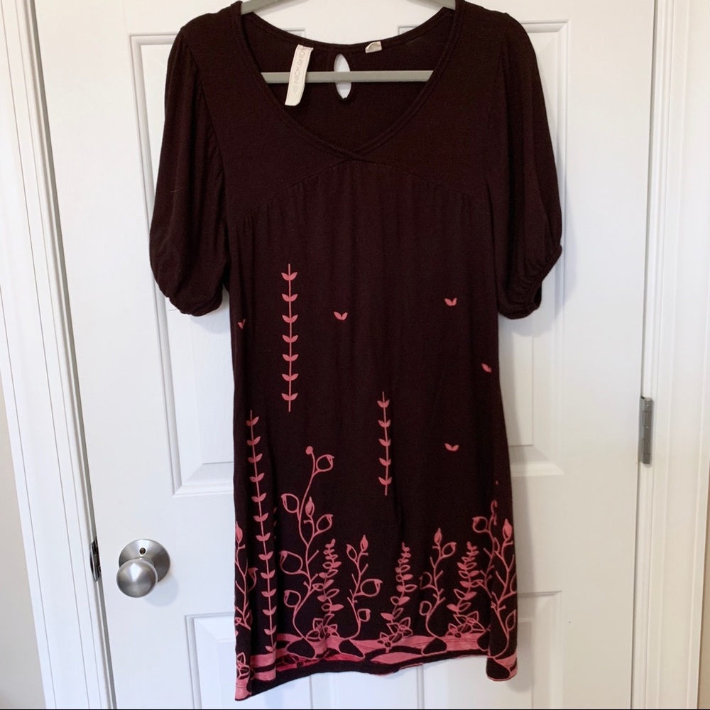 Nick & Mo Bamboo Boho Maroon Floral Tunic Dress Sm